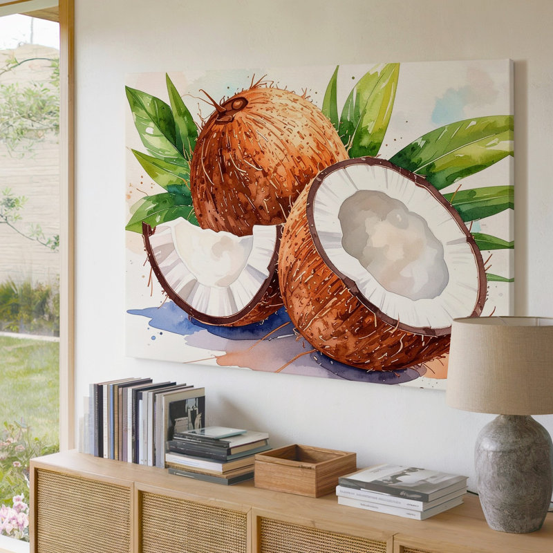 Toile, art tropical, noix de coco, H 9 po x l 12 po