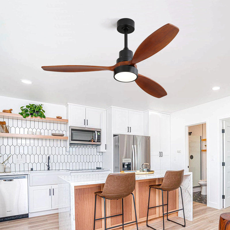 Low Profile 52 Inch Integrated LED Ceiling Fan With Light Kit And Remote Control For Living Room, Black, Walnut