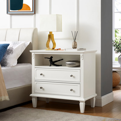 Commode de style Mid-Century moderne avec tablette de charge et tablette: 2 tiroirs, espace ouvert, abris, pieds en bois massif, table de chevet à tiroirs blanche