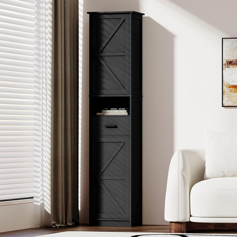 69" H Tall Bathroom Storage Cabinet With 2 Barn Doors And 1 Drawer, Narrow Storage Unit, Adjustable Shelves,Floor Cabinet For Bathroom, Living Room, Entryway,Kitchen,(Black)