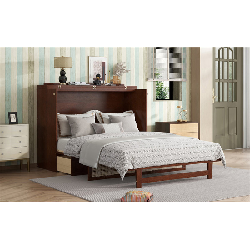 Austin Pine Murphy Bed with Rattan Panel & Storage Drawer, Walnut