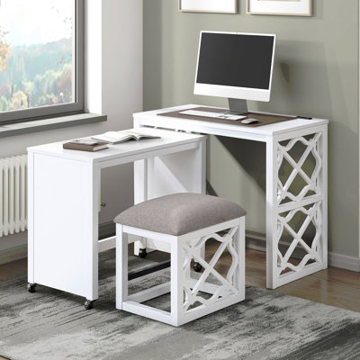 Ensemble de bureau et tabouret avec bureau à roulettes 3 pièces avec roulettes et 2 ports de chargement