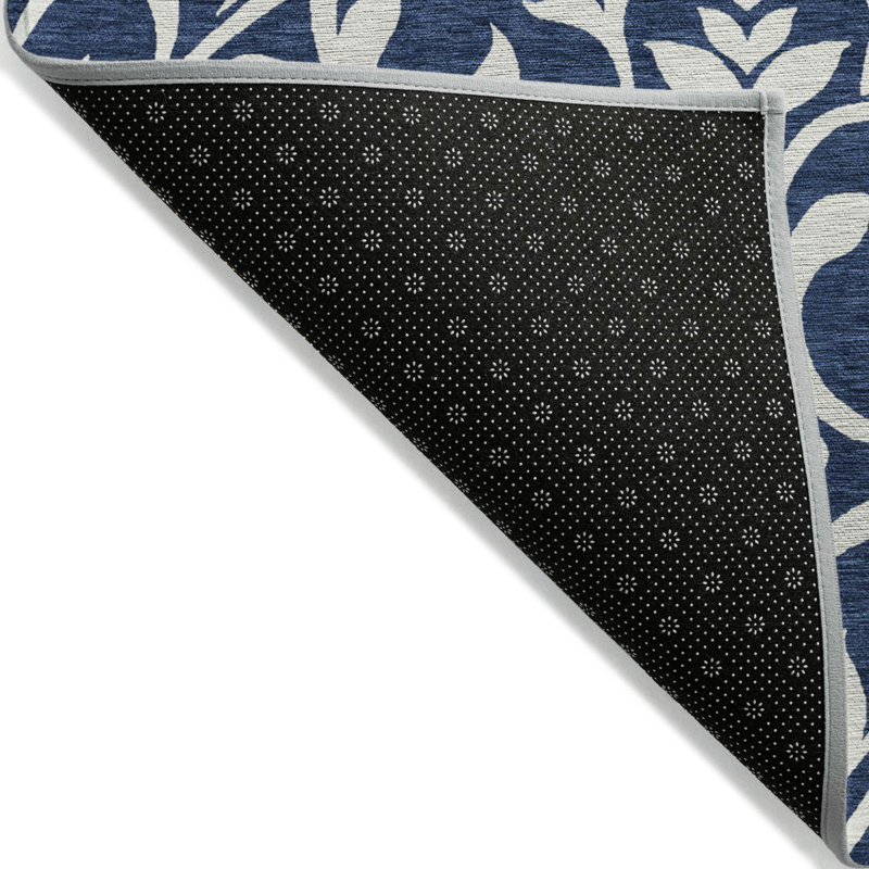 3' X 5' Navy Blue And Ivory Floral Washable Indoor Outdoor Area Rug
