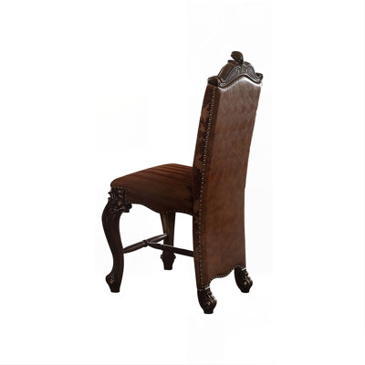 Chaise de salle à manger en bois massif brun sculpté, dossier haut, revêtement en tissu