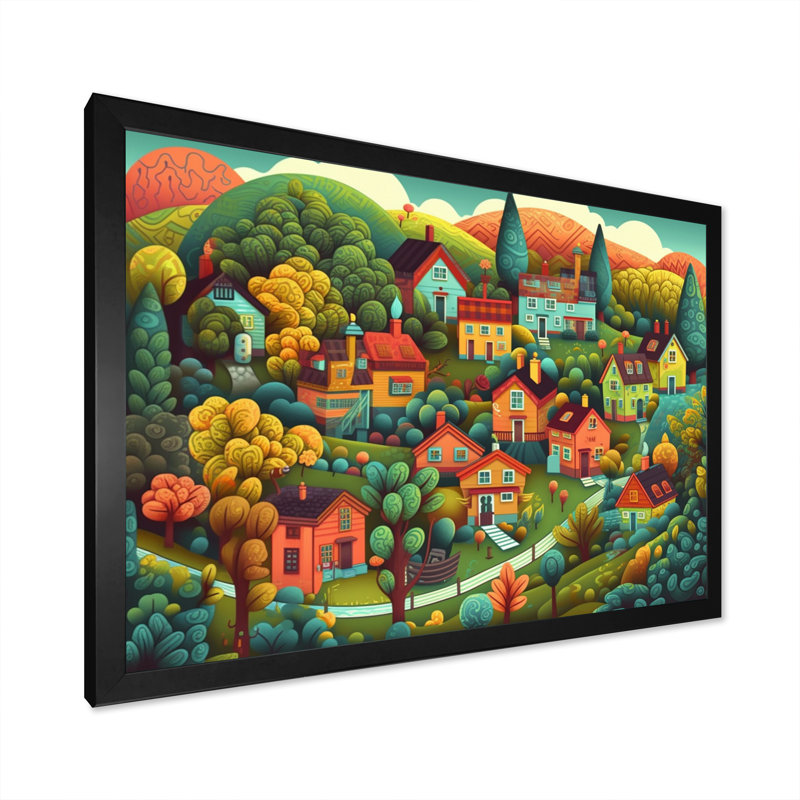 Petite ville village II - art mural moderne paysage, Cadre photo noir, H 16 po x l 32 po x P 1 po