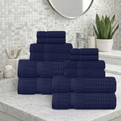 Ensemble de serviettes 12 pièces Willow - 100% coton peigné, qualité supérieure 630 g / m², bleu marine, ultra-doux et très absorbant (ensemble de 4 serviettes de bain, 4 essuie-mains, 4 serviettes de toilette)