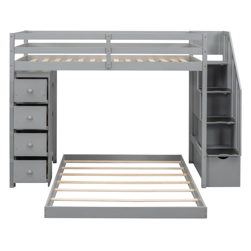 Lit superposé gris avec rangement supplémentaire - simple au-dessus des tablettes, des tiroirs et des escaliers