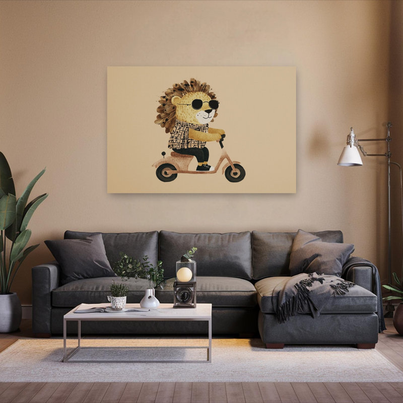 Cool Lion Rider Modern Playful Lion Urban Wall Art Print by Mathieu - Wrapped Canvas Print, 101.6cm H x 152.4cm W