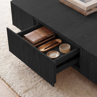 31.5 Inch Solid Wood Square Coffee Table With 2 Drawers, Handcrafted Ash & Oak Fluted Design