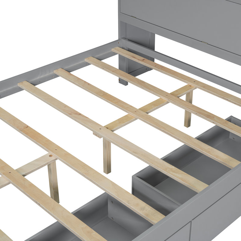 Lit plateforme double en bois avec USB, tête de lit et tiroirs de rangement, Gris