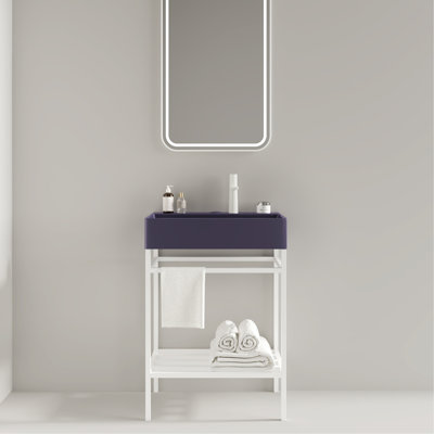 Bathroom Vanity With Ceramic Basin, Freestanding Bathroom Console Sink Set, Glossy Purple Rectangular Ceramic Basin Without Faucet, Open Metal Leg, Storage Shelves