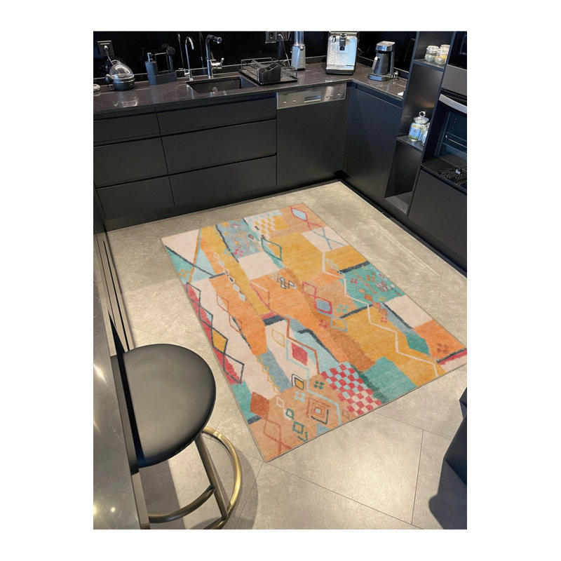 Tapis décoratif orange à motif géométrique lavable, Rectangle 2 pi 4 po x 4 pi
