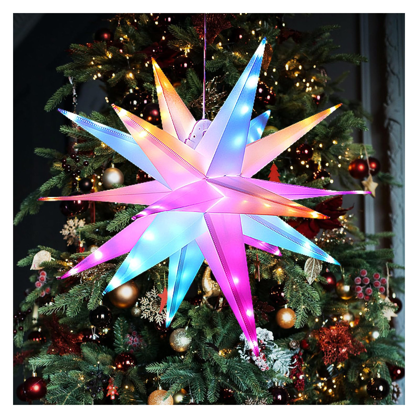 23" RGB Moravian Star Color Changing Remote Pendant Waterproof for Porch Yard Tree Decoration