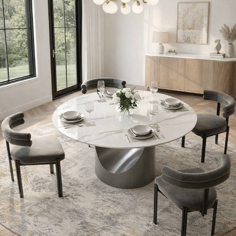 Table de salle à manger moderne en pierre frittée moderne avec base piédestal, H 29,5 po x L 51 po x l 51 po, Blanc lustré