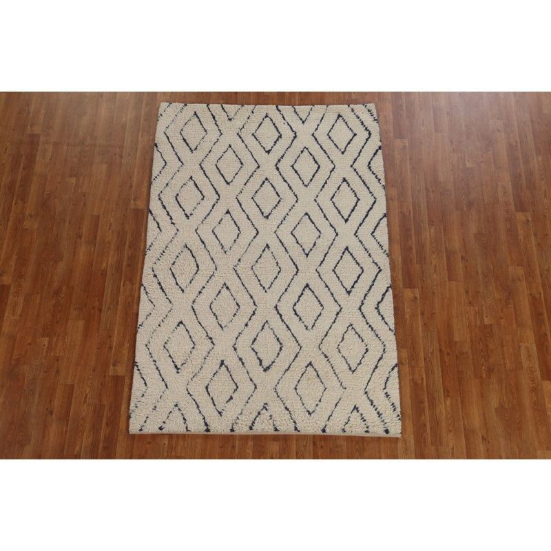 Tapis beige / bleu en laine noué à la main de conception unique 4 pi 6 po x 6 pi 9 po