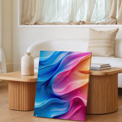 Toile, composition abstraite vibrante avec des vagues tourbillonnantes fluides de couleur, art mural dans des tons de bleu, rose et orange