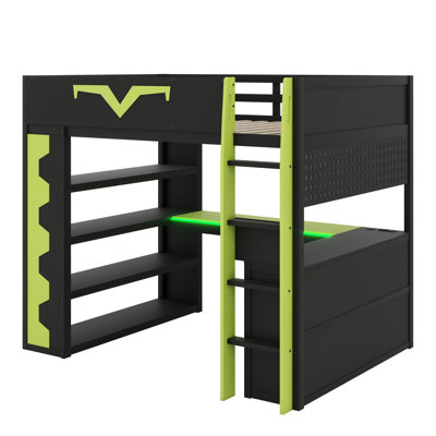 Lit mezzanine pleine échelle avec bureau intégré et éclairage à DEL RVB, lit Pro-Gamer avec prise de courant, bibliothèque spacieuse, panneau perforé, tablette à clavier et tiroir