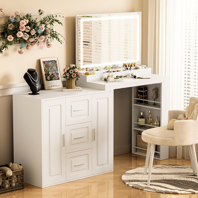 Bureau de meuble-lavabo avec lumières, miroir de 59 po, blanc. 3 tiroirs, 2 armoires, espace de chambre organisé avec lumières de couleur et 59 po, rangement pratique