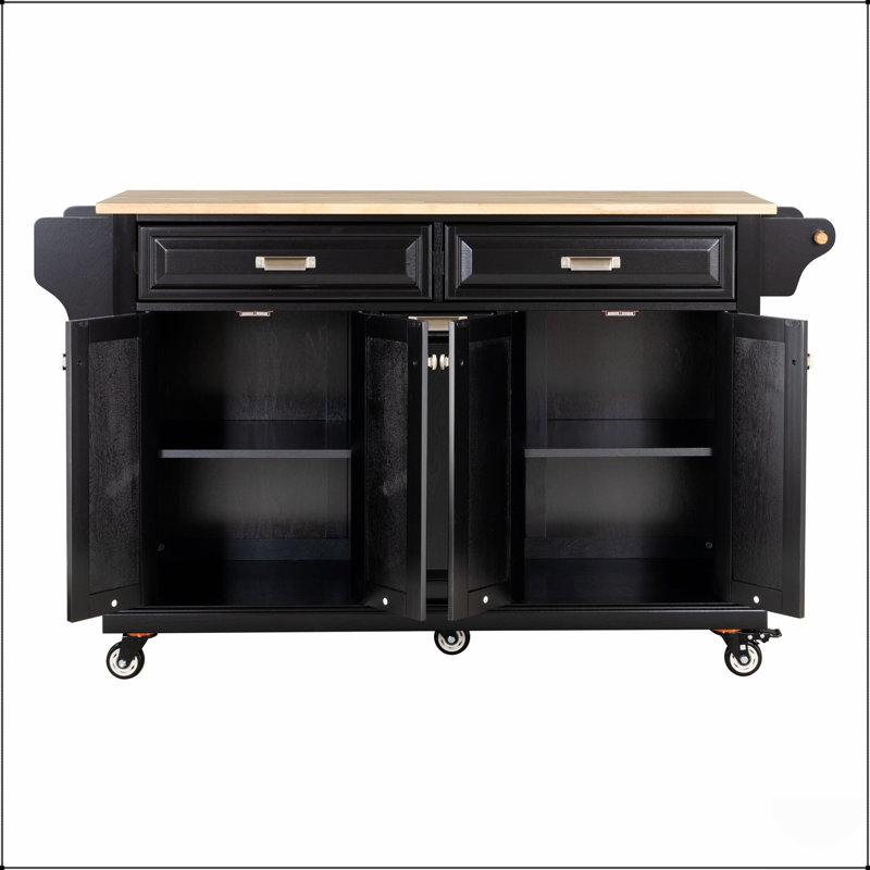 Îlot de cuisine avec comptoir en bois d'hévéa, rangement spacieux et mobilité à 5 roues pour une fonctionnalité et une commodité accrues dans les salles à manger.