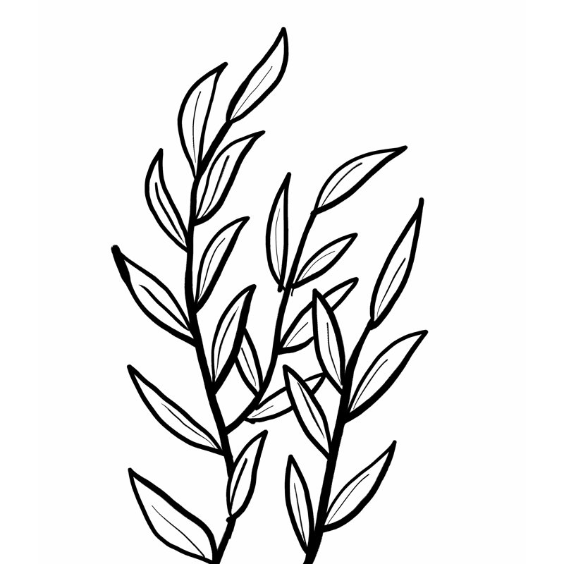 Reproduction de feuilles noires et blanches sur toile, H 36 po x l 24 po