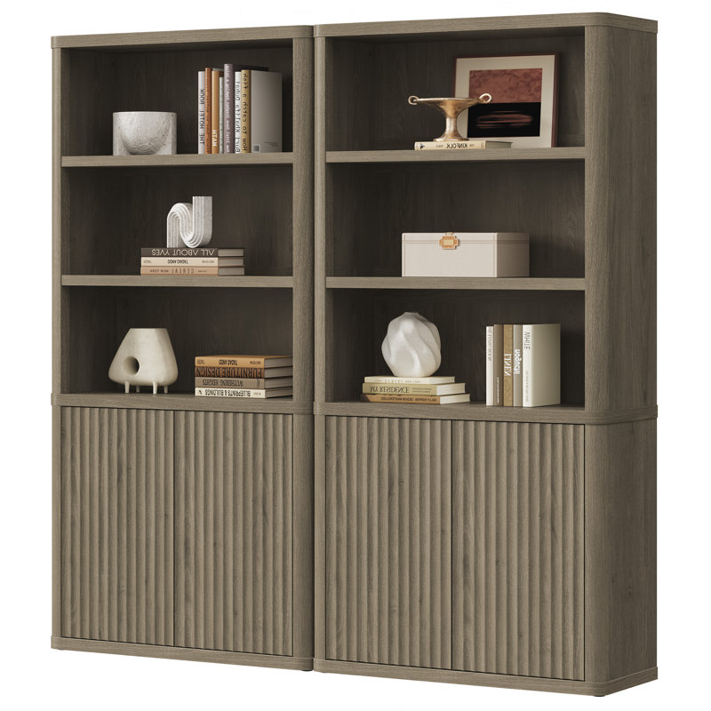 Bibliothèque Cesiro à 6 niveaux avec 2 portes cannelées et tablettes réglables, Aulne gris