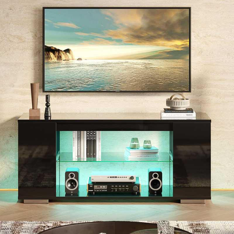 Meuble télé pour téléviseur de 55 po ou moins avec lustre DEL et rangement DEL, H 20,5 po x l 47,2 po x P 14,4 po, Noir