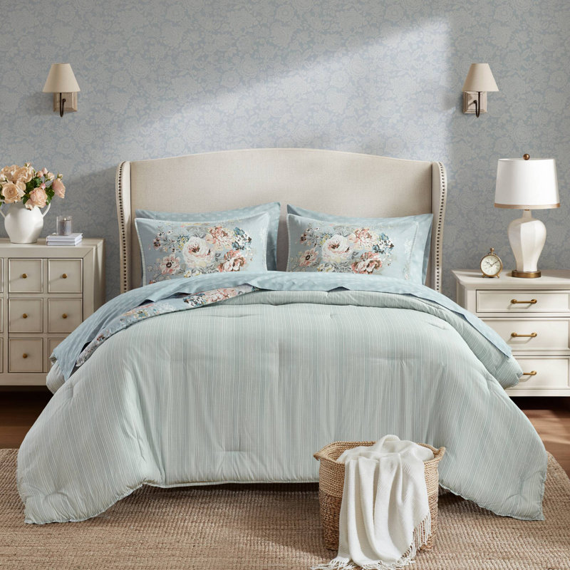 Heather 7 Piece Vintage-Inspired Collection Floral Print Comforter, Soft Blue, King Comforter + 6 Additional Pieces