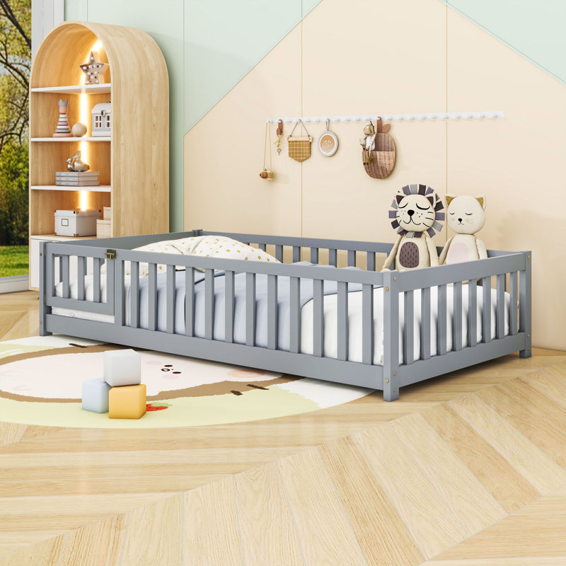 Lit en bois avec clôture, Simple, gris