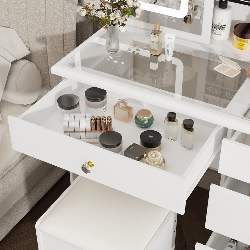 Vanity Desk Set Makeup Table with Large Sliding Lighted Mirror & Top, Modern Dressing Table with Drawers, Storage Shelves & Stool for Bedroom, White, 50.1 cm(W)× 100 cm(D)× 135 cm(H)