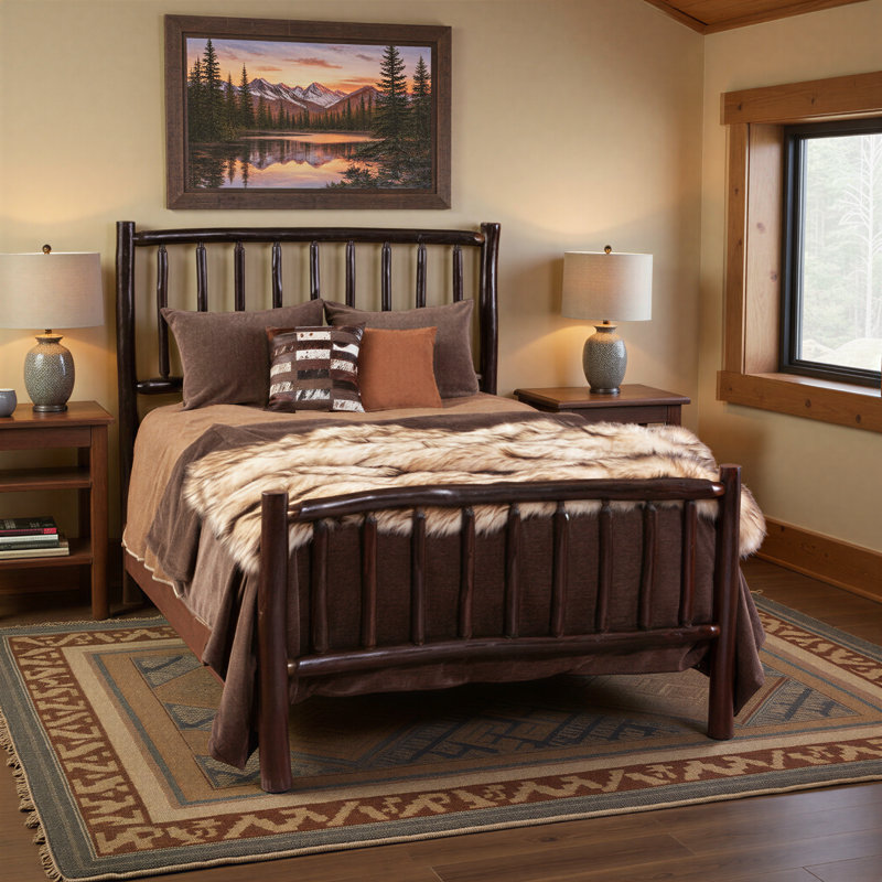 Fireside Lodge Hickory Log Traditional Bed - Double - Cinnamon, Full, Rustic Alder