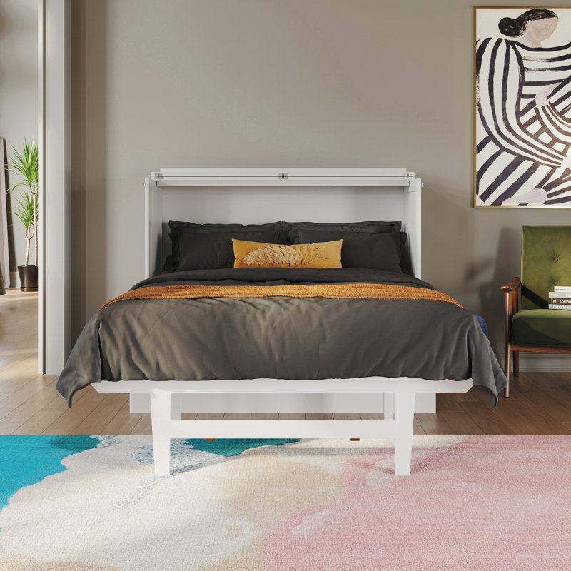 Anuhya Solid Wood Murphy Bed Desk with 6" Mattress and Built-in Charging Station, White