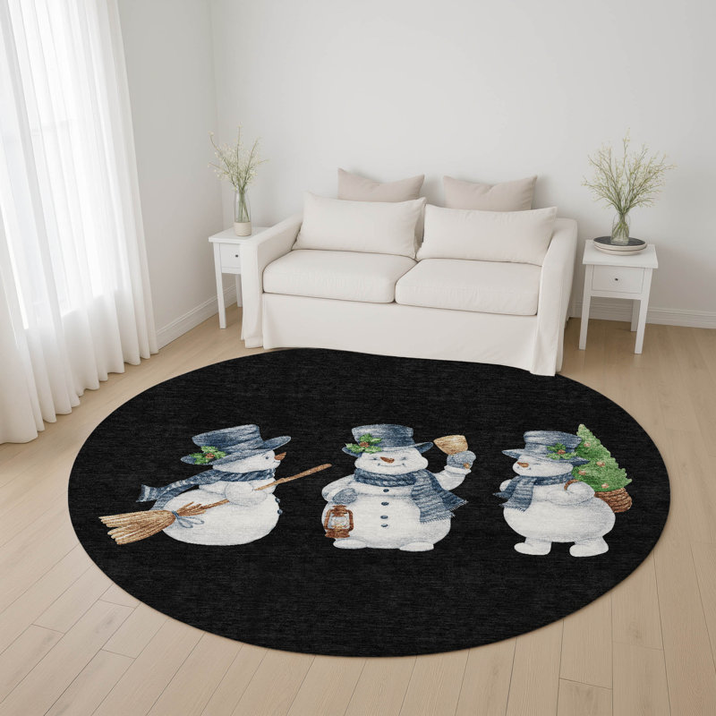 Premium Machine Washable Ingrassellino AMF1826 Happy Snowmen Holiday Rug, Round 8'