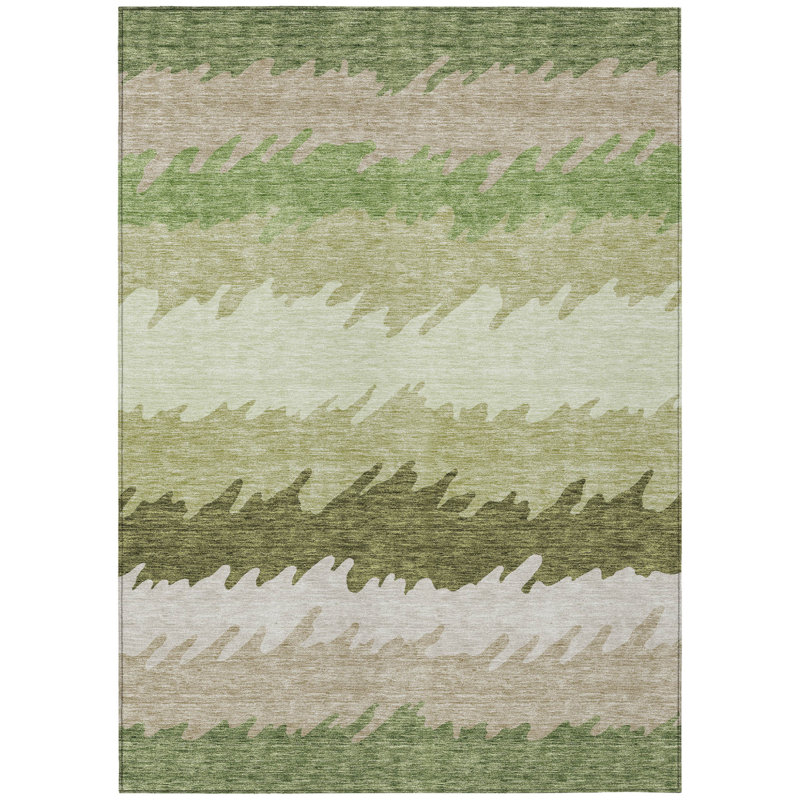 3' X 5' Beige And Olive Green Striped Washable Indoor Outdoor Area Rug