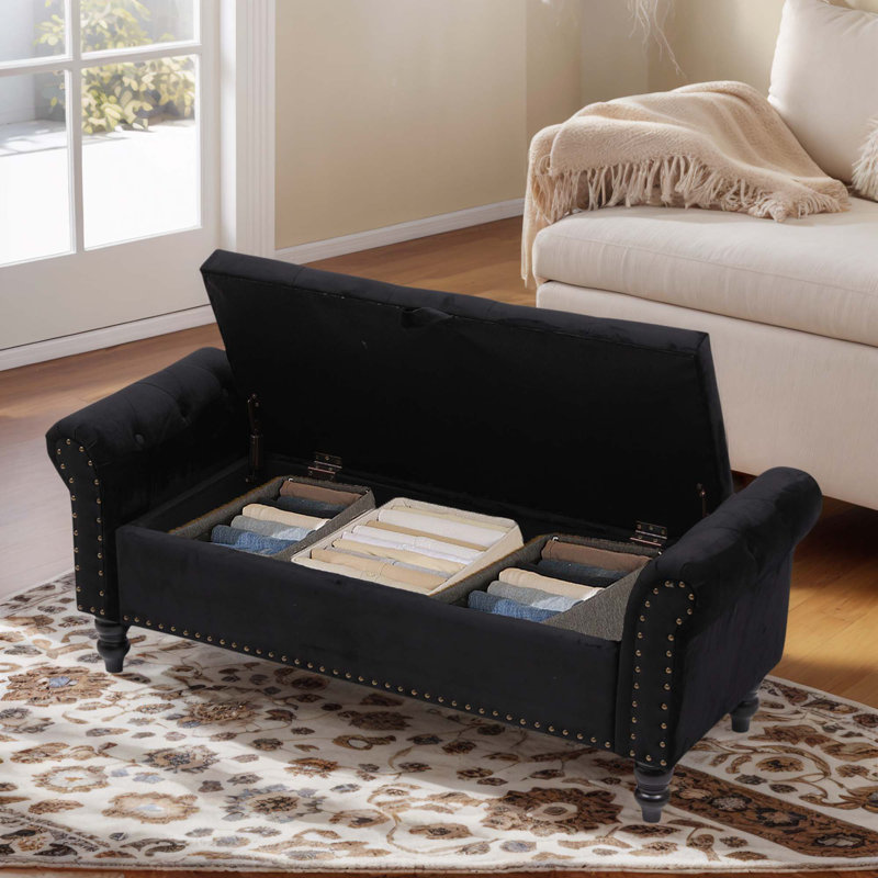 Banc de rangement en tissu, Velours, Noir