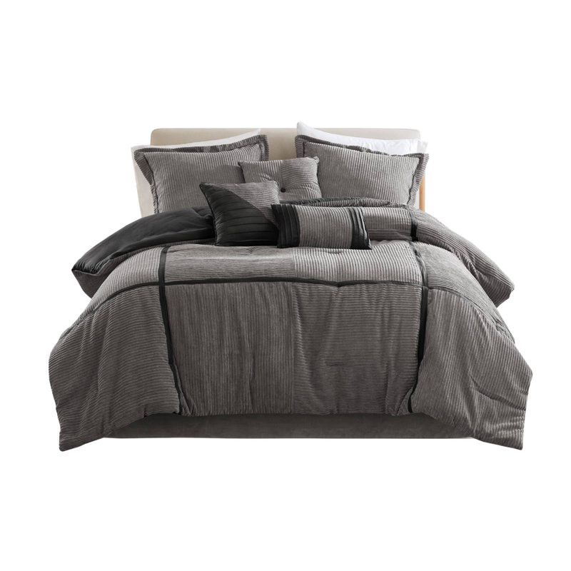 Ensemble d'édredon en velours côtelé 7 pièces Dallas, Édredon grand + 6 pièces supplémentaires, Gris