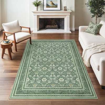 Tapis vintage lavable floral vert sauge 5 pi x 7 pi avec envers antidérapant
