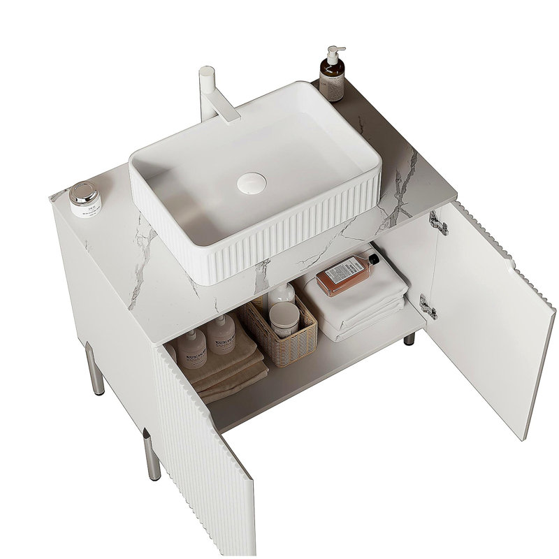 Meuble-lavabo de salle de bain 30 po avec lavabo, armoire de rangement autoportante avec 2 portes, lavabo rectangulaire en céramique et comptoir de Carrare, couleur