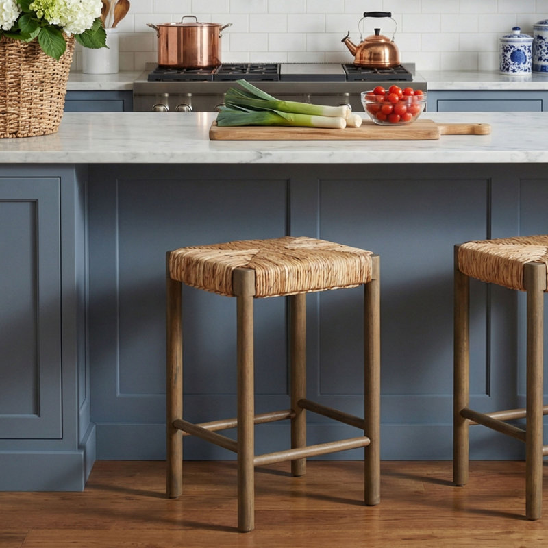 Owen Backless Solid Wood Counterstool With Banana Leaf Rush Seat, Set of 2, KD, Medium Brown