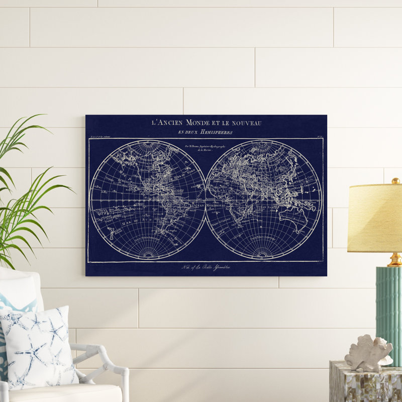 Carte du monde indigo, H 32 po x l 48 po x P 1,25 po