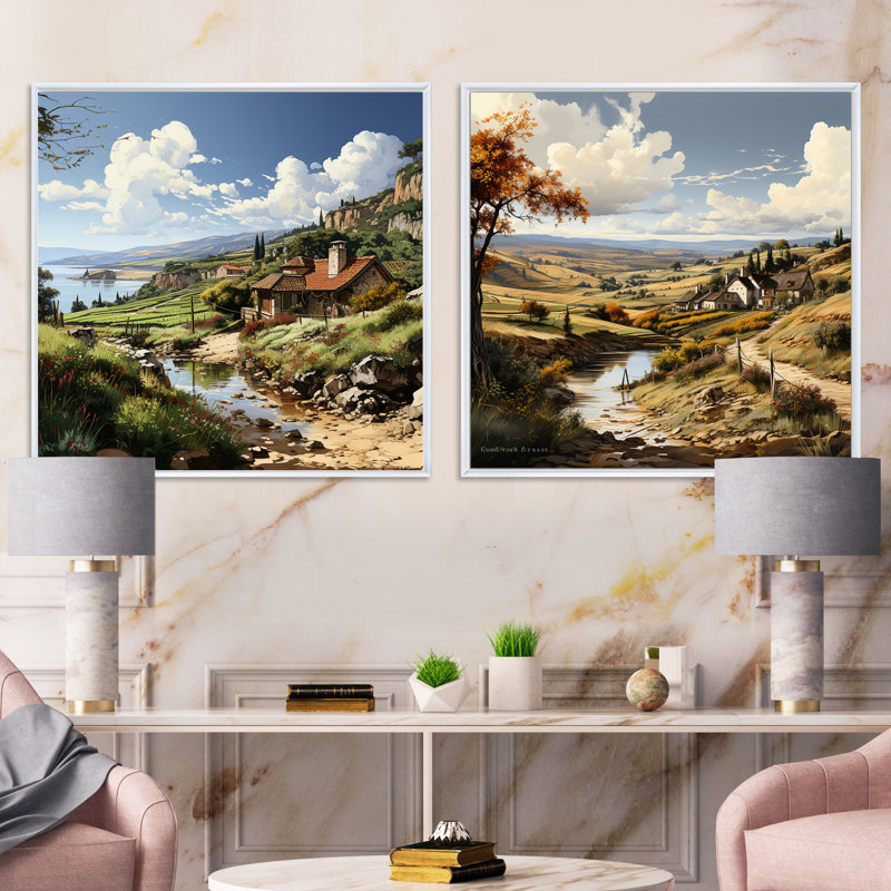 «Vineyard Charm Landscape», ensemble de 2 collages carrés Vineyard, Cadre flottant blanc, H 16 po x l 33 po