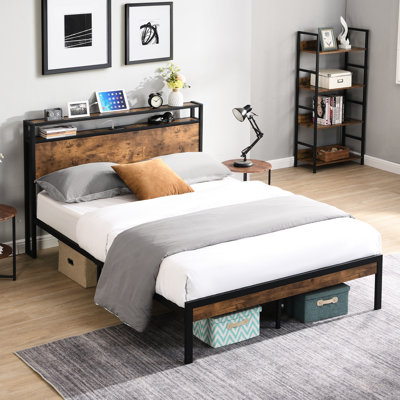 Metal Platform Bed With Wooden Headboard & , Socket, Box Spring Not Needed, Generous Under Storage Option, Quiet Construction Technique, Black/Brown D