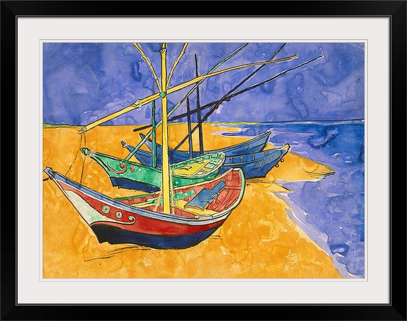 «Pêche bateaux sur la plage à Saintes Maries de La Mer» par Vincent Van Gogh, reproduction d'art, H 35 po x l 44 po x P 1 po