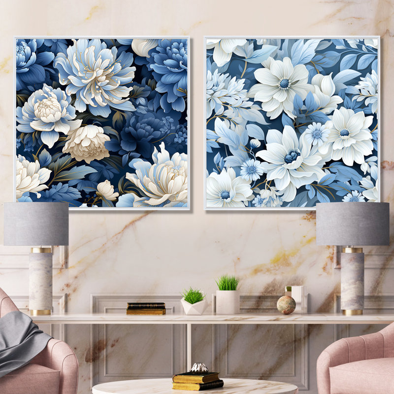 Annemasse - Ensemble de 2 décorations murales florales, Cadre blanc, H 16 po x l 33 po x P 1 po