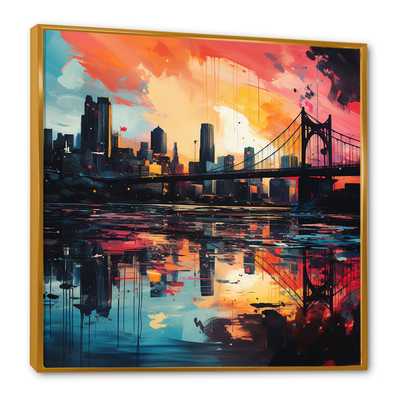 Paysage urbain coloré de Pittsburgh - art mural Pittsburgh, Cadre flottant doré, H 30 po x l 30 po x P 1,5 po