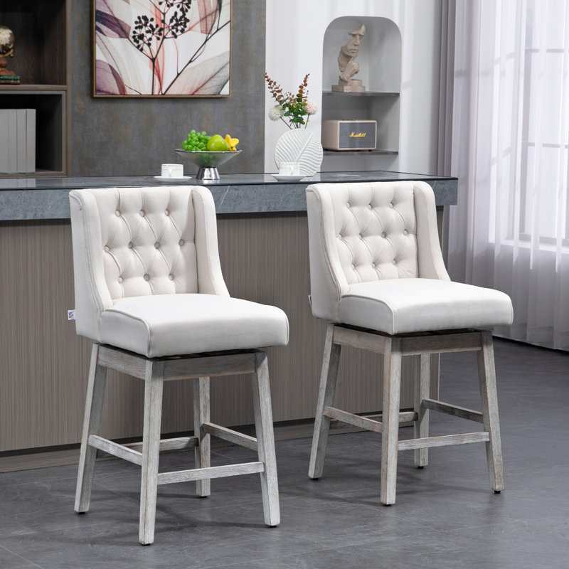 Counter Height Bar Stools Set of 2, 180 Degree Swivel Kitchen Island Stool, 27" Seat Height with Wood Footrests and Button Tufted Design, Beige