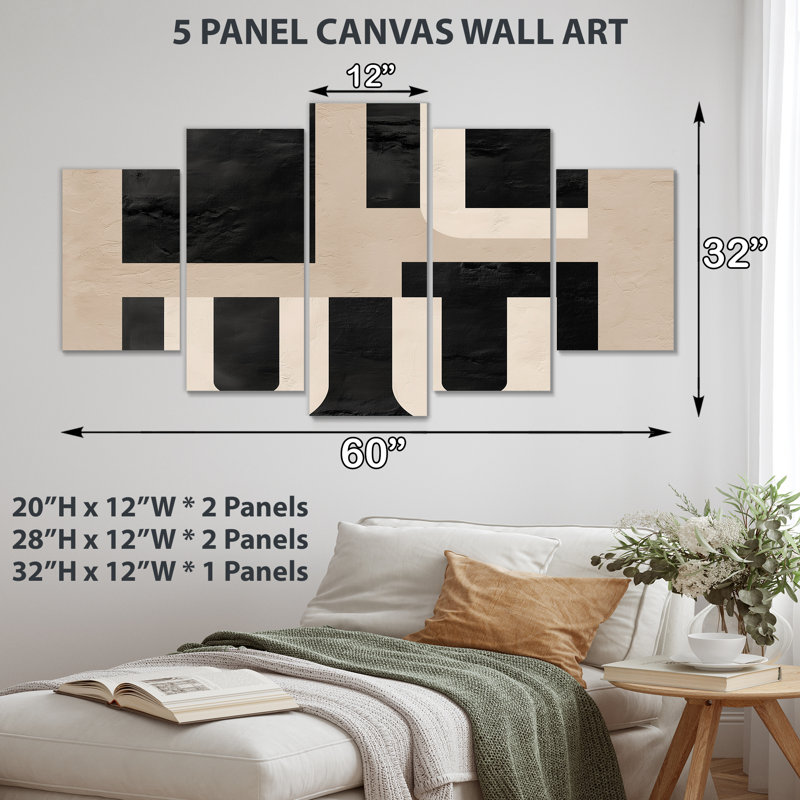 "Minimal and Abstract Compositions In Nature Tones", art moderne sur toile Mid-Century, ensemble d'art mural noir sur 5