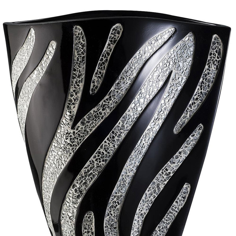 14" Tall Polyresin Decorative Vase, Black Finish With Silver Zebra Pattern