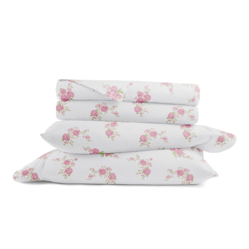 Ensemble de draps en flanelle de coton Varkala, Rose / roses, Full Sheet Set