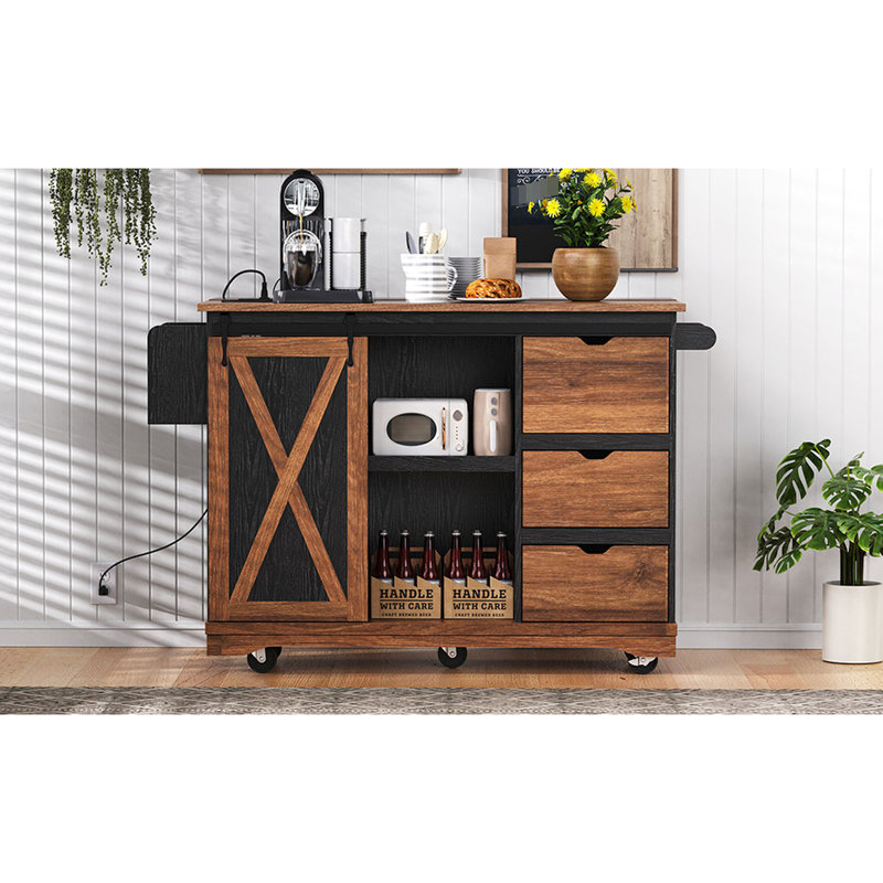 Îlot de cuisine de 55,5 po avec rallonge, prise électrique, tiroirs de rangement et roulettes, noir, pour la maison, Noir