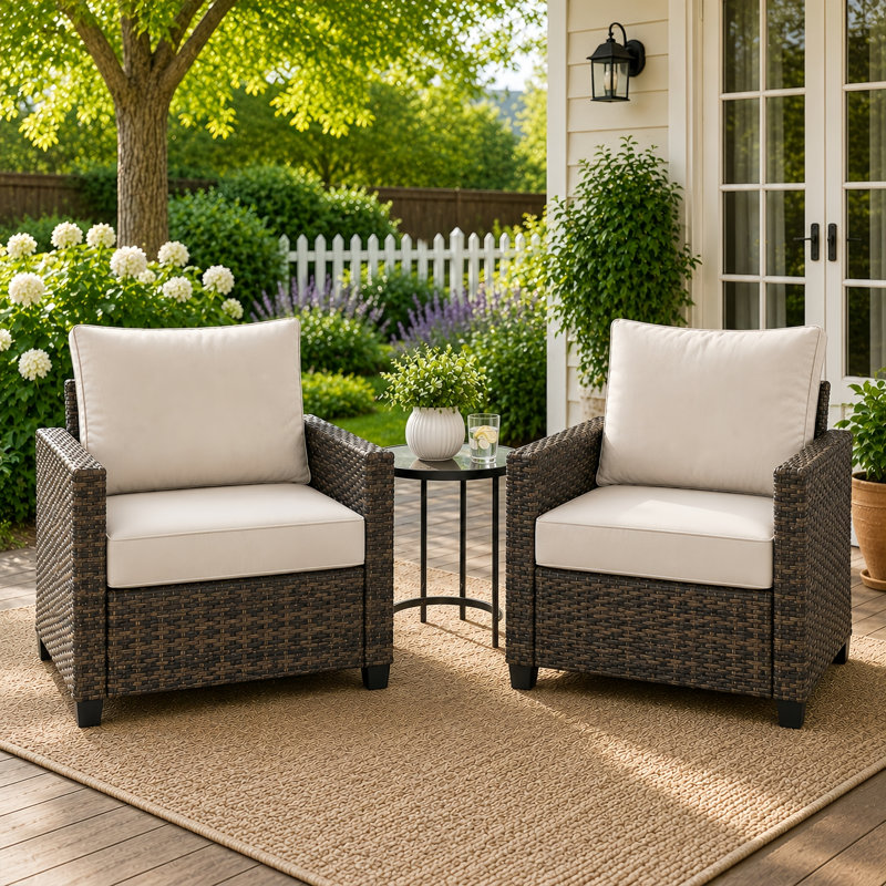 Decksplore 2-Piece Outdoor Wicker Club Chair Set with Cushions, High-Back All-Weather Patio Seating, Beige